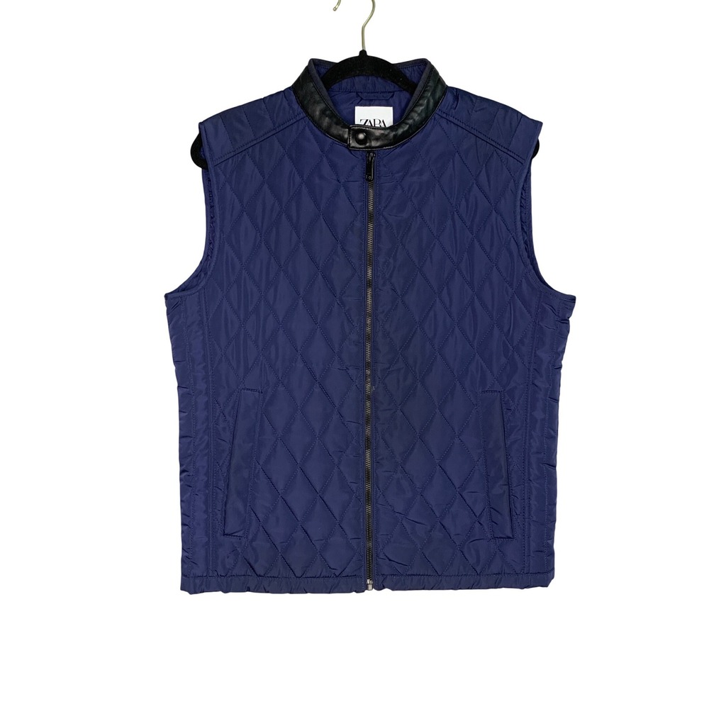 Zara Quilted Vest Navy Blue Faux Leather Collar Zip Front Men Size M